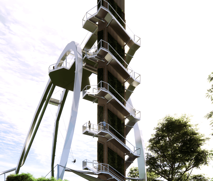 Renderingbild  Blick auf den SkyLoop Aufstiegsturm mit barrierefreiem Aufzug und Besuchern