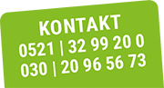 Kontakt Button mit der Anzeige von zwei Telefonummern. Die erste 0521 32 99 20 0, die zweite lautet 030 20 96 56 73
